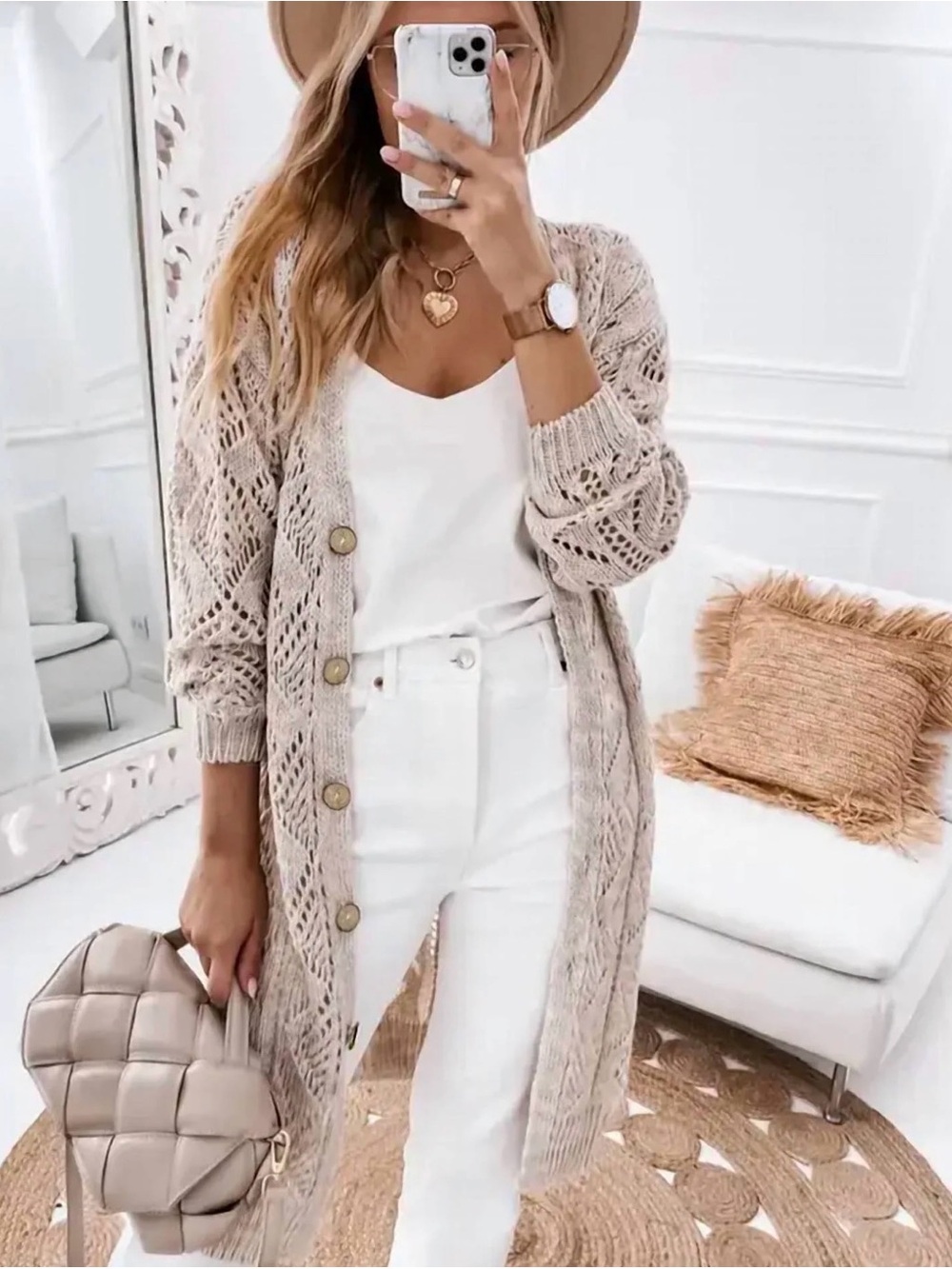 Lovesoft - Openwork Long Knit Button Cardigan Sweater